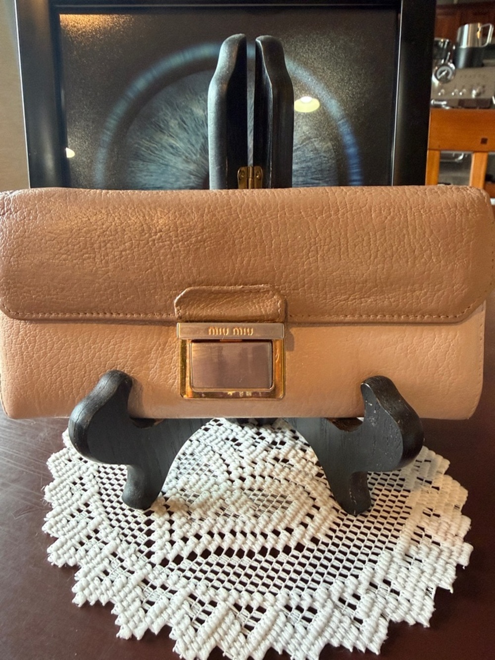 Miu Miu Beige Leather Frame Wallet with Gold-Tone Clasp